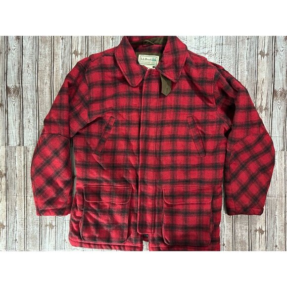 LL Bean Mackinaw Wool Hunting quilted Jacket Coat Buffalo Plaid sz L Vintage
